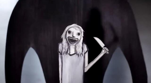 weiße Zeichentrickgestalt mit Messer in der Hand vor dunklem Schatten