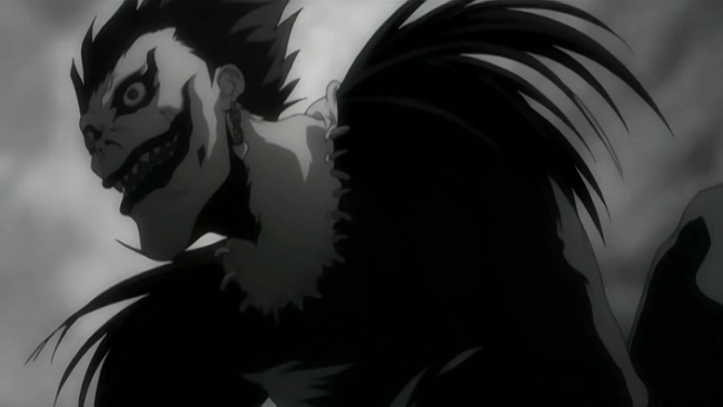 Billd in Grautönen von Ryuk aus der Death-Note-Animeserie