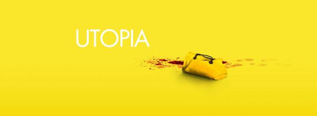 Utopia Schriftzug auf gelbem Grund mit blutbefleckter Handtasche