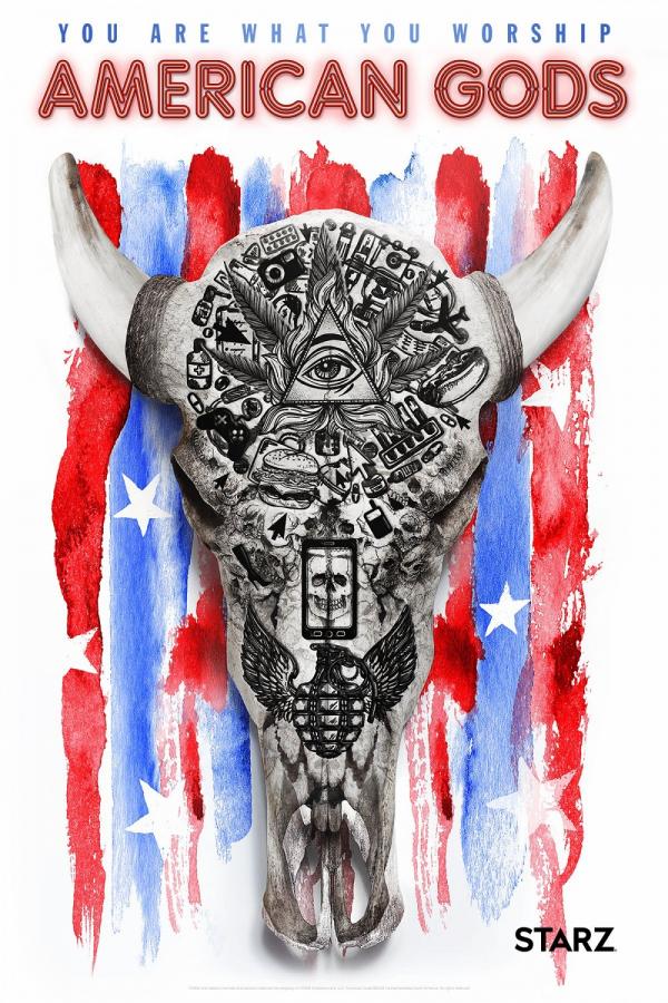 Poster zur Serie American Gods mit symbolischer US-Flagge und zahlreichen religiösen Symbolen