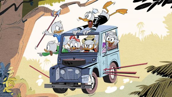 Dagobert, Donald und die Drillinge auf wilder Jeepsafari.