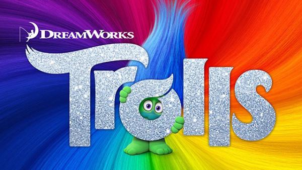 Glitzerndes Logo des Animationsfilms Trolls in Regenbogenfarben